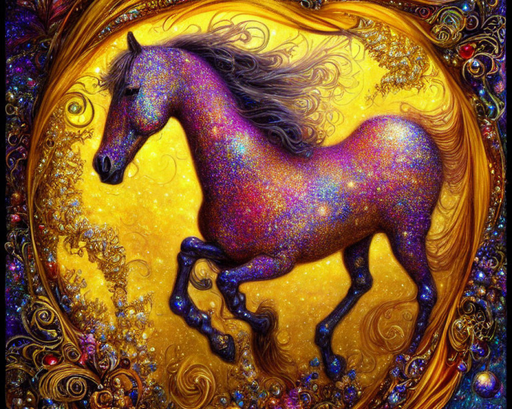 Colorful Sparkling Horse Galloping in Ornate Golden Artwork