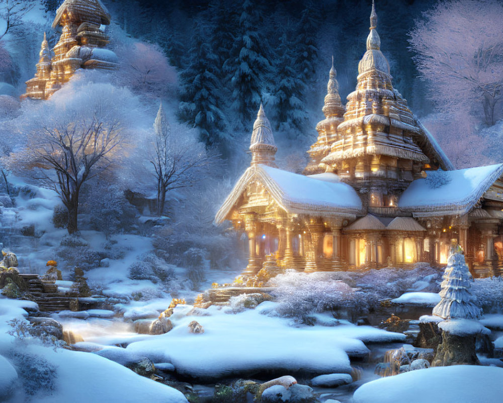 Snow-covered scene with golden temples and flowing stream at twilight