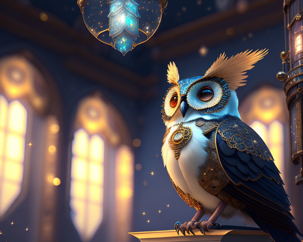 Intricately designed owl in enchanting library with lanterns and stars