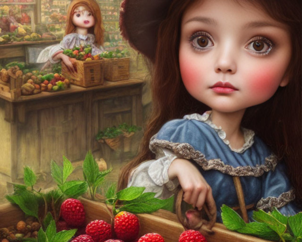 Digital artwork of girl in hat and blue outfit reaching raspberries, with another girl in background