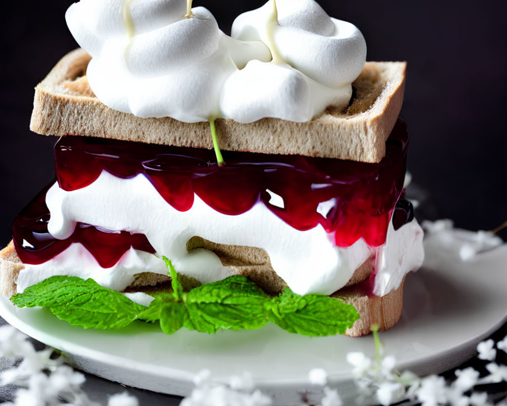 Fluffy whipped cream and cherry jelly dessert sandwich with mint leaves