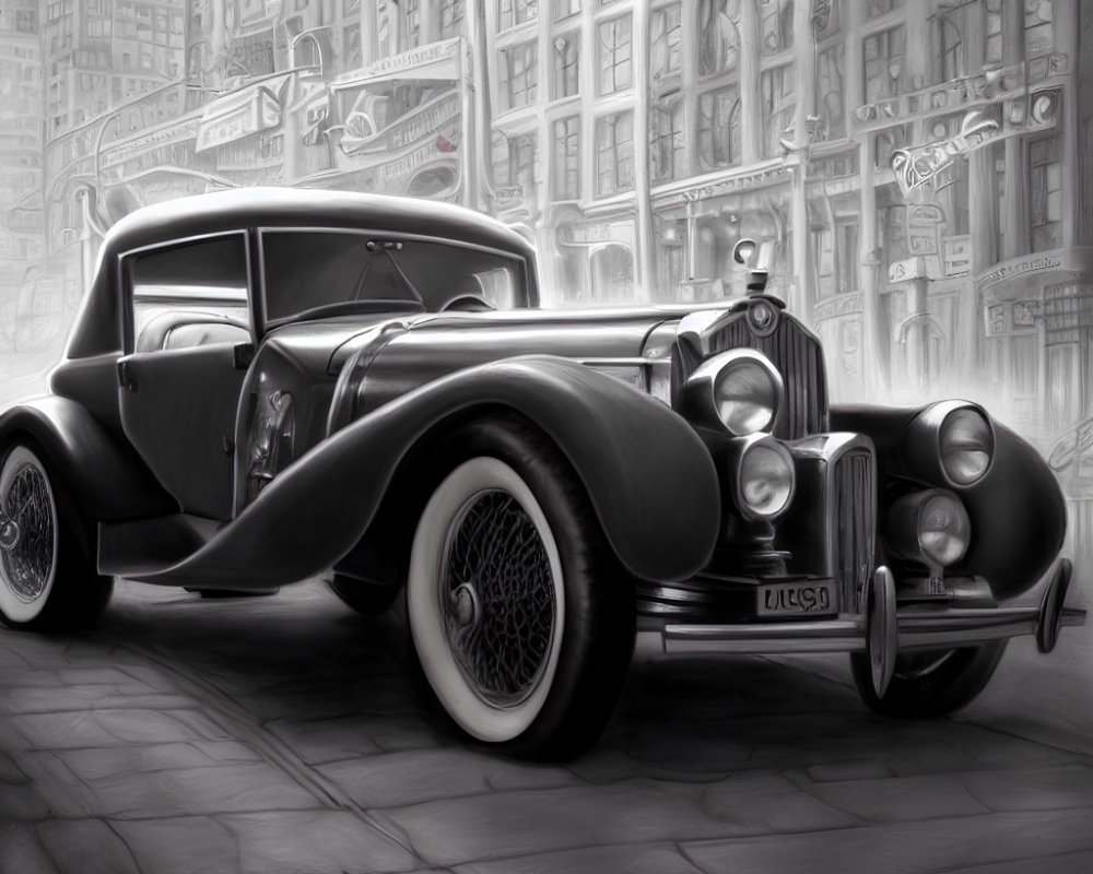 Monochrome drawing of vintage car on city street with detailed buildings