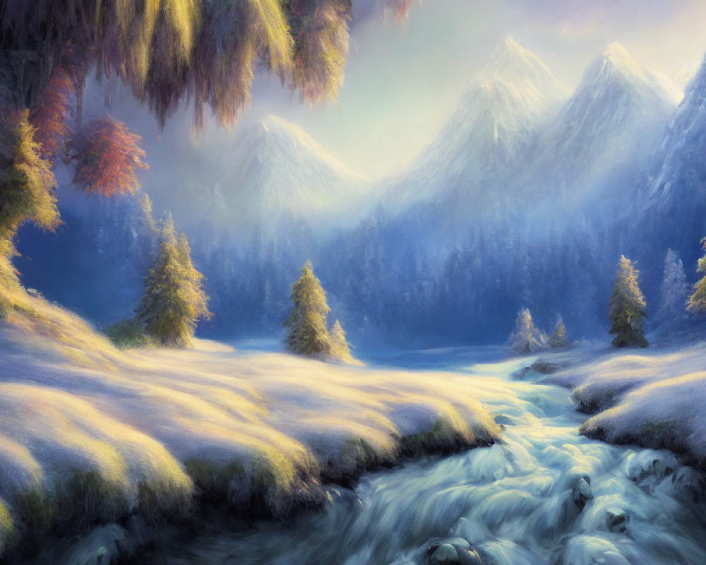 Tranquil Winter Landscape with River, Snow, Trees, and Mountains