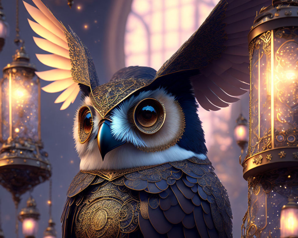 Fantastical owl with golden armor and wings in magical setting