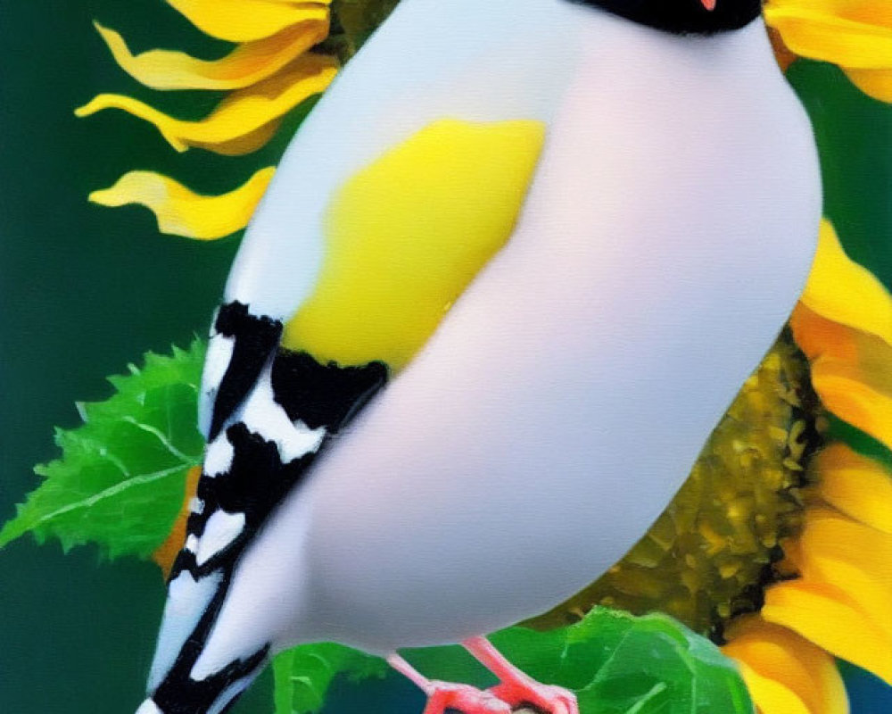 Vibrant bird illustration on stem with sunflower background