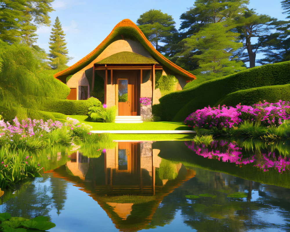 Thatched-Roof Cottage in Vibrant Garden with Reflective Pond