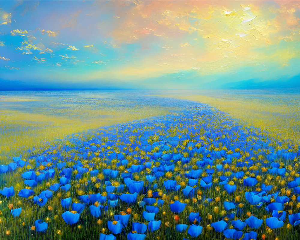 Colorful field painting: blue flowers, sunset sky, fluffy clouds