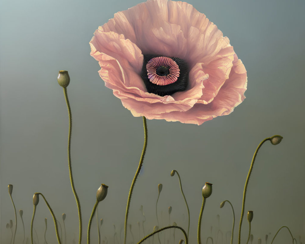 Pink Poppy Flower with Unopened Buds on Muted Background