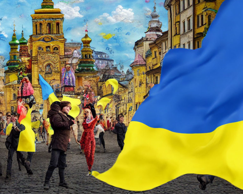 Historical costume street celebration with Ukrainian flag and picturesque backdrop