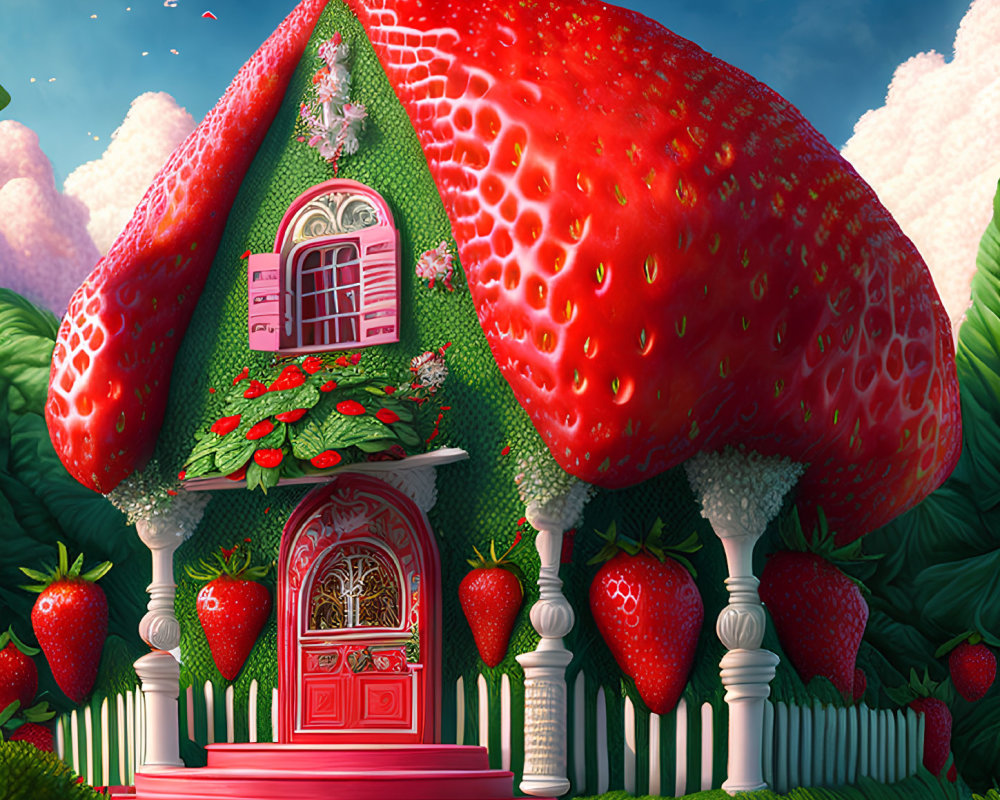 Whimsical strawberry-themed house with berry decorations