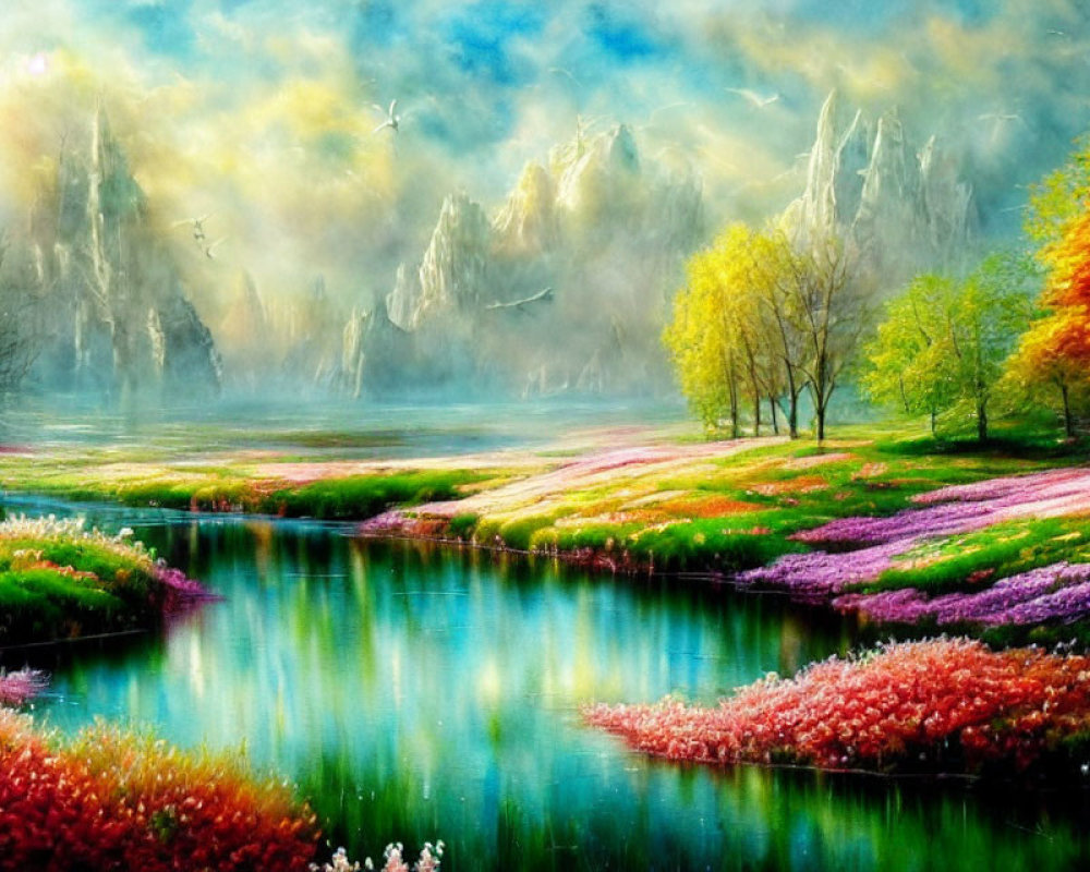 Colorful landscape painting: serene lake, vibrant flowers, misty mountains, sunny sky