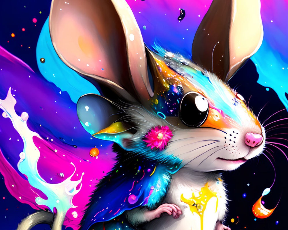 Colorful Whimsical Mouse Illustration in Neon Paint Splatter