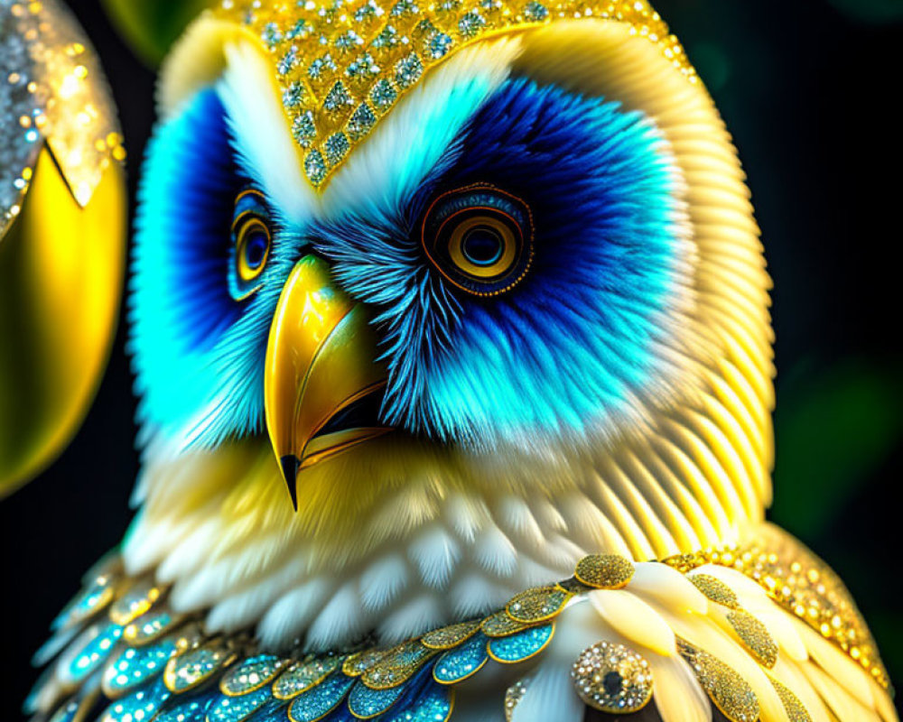 Colorful digital artwork: Owl with golden jewels on dark background