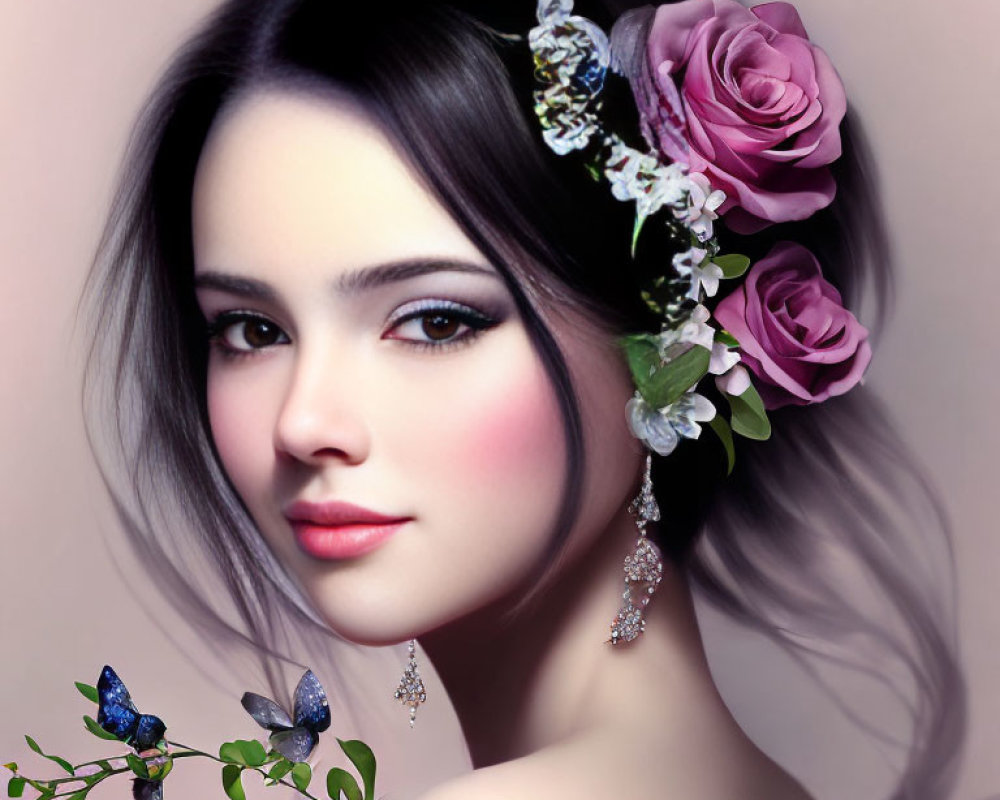 Digital portrait of woman with floral arrangement in hair, featuring pink roses and blue butterflies on soft pink backdrop