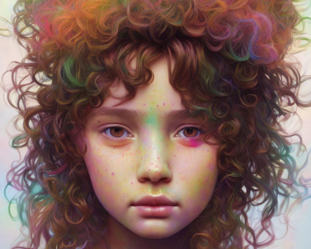 Child Portrait with Voluminous Curly Rainbow Hair & Soft Pastel Colors