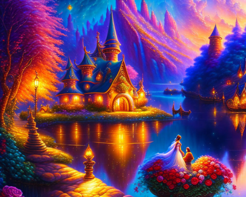 Fantasy landscape with castle, exotic flora, couple on boat under starry sky
