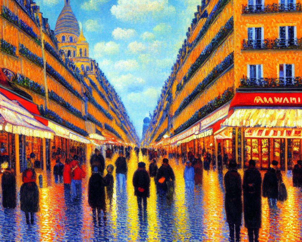 Colorful Impressionist Painting of City Street with Pedestrians
