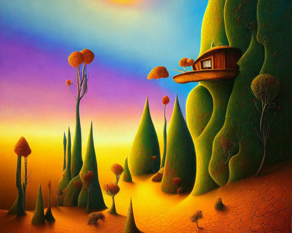 Colorful surreal landscape with tree-like shapes, house on hill, and hot air balloon.