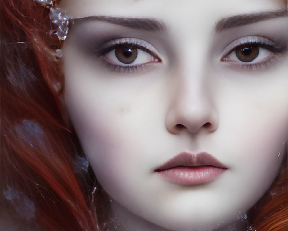 Detailed close-up portrait of young woman with red hair and intricate makeup, showcasing icy theme and frost accents