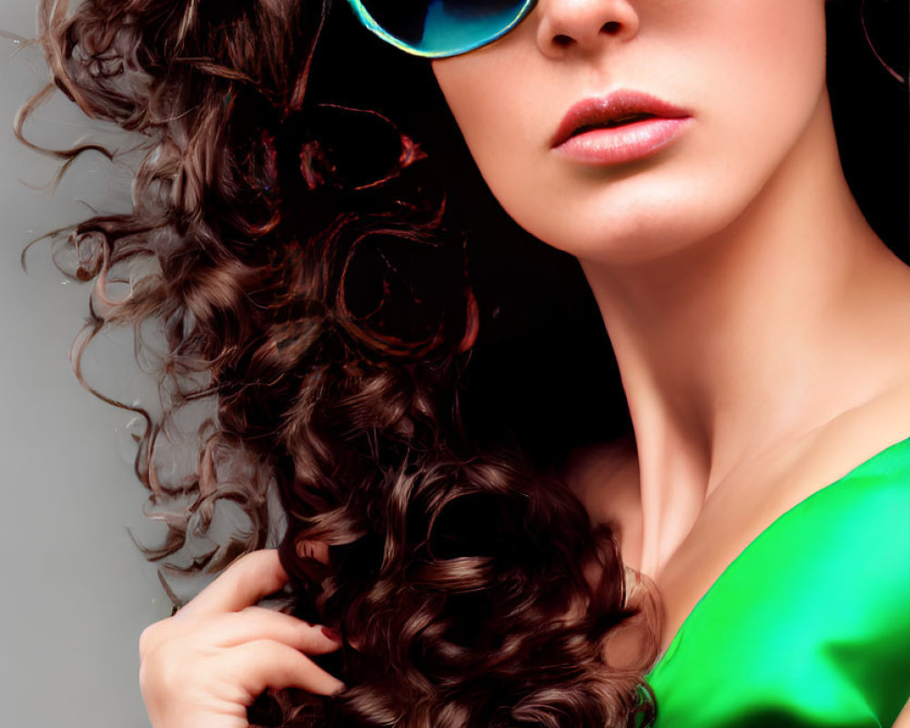 Curly-haired woman in turquoise sunglasses and green top with confident pose