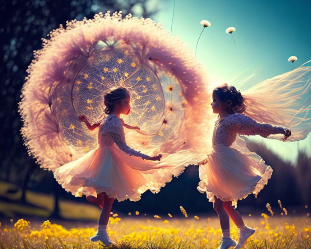 Two girls in white dresses with giant dandelion puffballs in a sunlit field.
