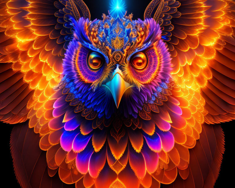Colorful owl digital artwork with fiery orange and red plumage and mystical light.