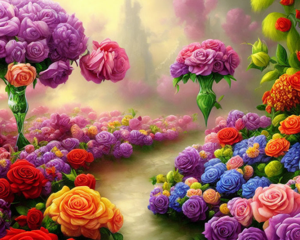 Colorful oversized roses in a fantastical garden with a misty castle in the background
