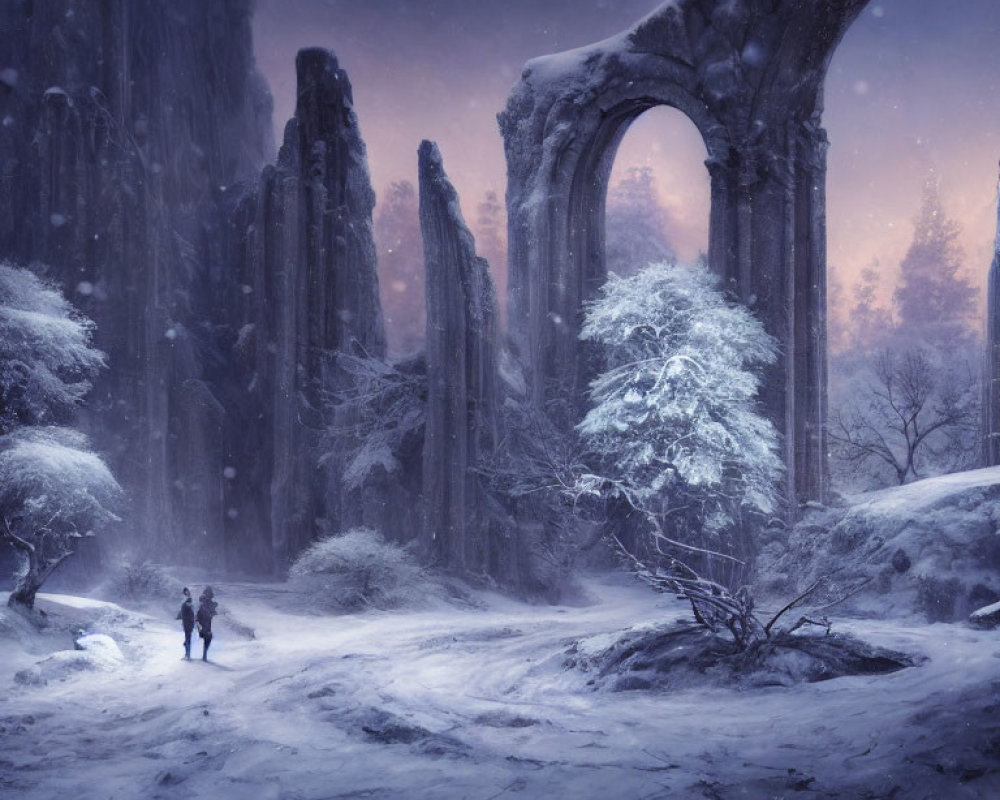 Snowy landscape at dusk: Two figures walking towards ancient archway in a serene winter setting.