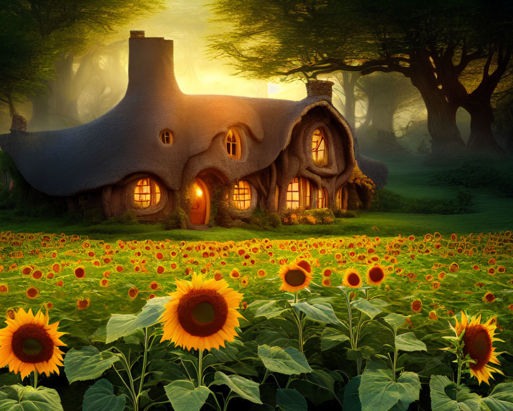 Thatched Roof Cottage Surrounded by Sunflowers in Enchanted Forest