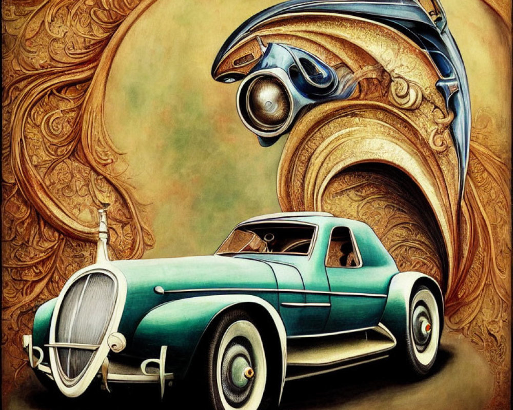 Vintage Turquoise Car with Gold Detailing on Beige Background
