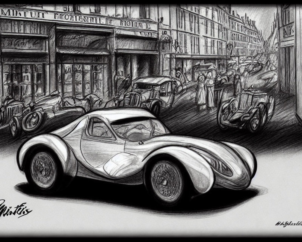 Vintage sporty car in black and white sketch of early 20th-century street scene