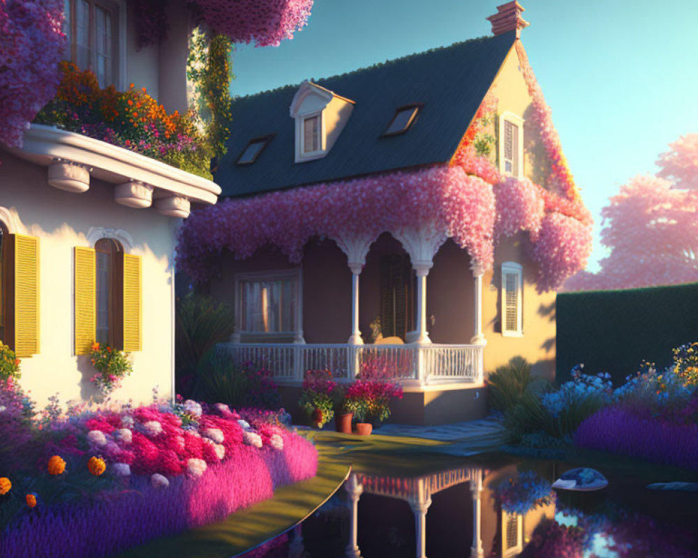Two-story house with purple flowers by serene pond at dusk