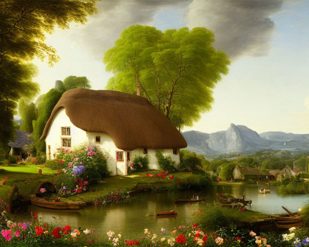 Tranquil countryside landscape with thatched-roof cottage, pond, and mountains