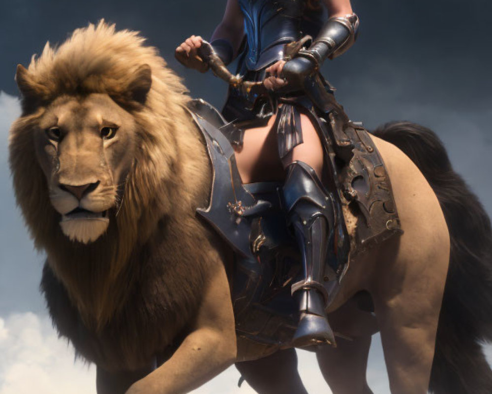 Digital Artwork: Fierce Woman Warrior Riding Lion in Blue and Black Armor