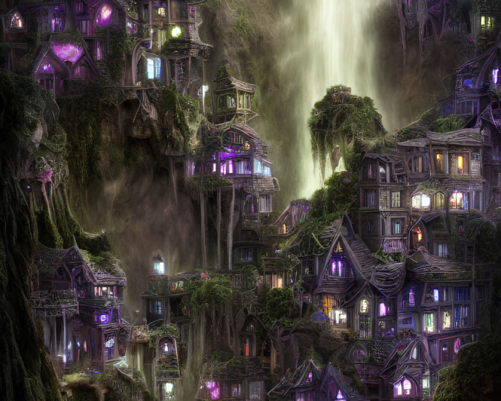 Mystical Cliffside Village with Illuminated Houses and Waterfall