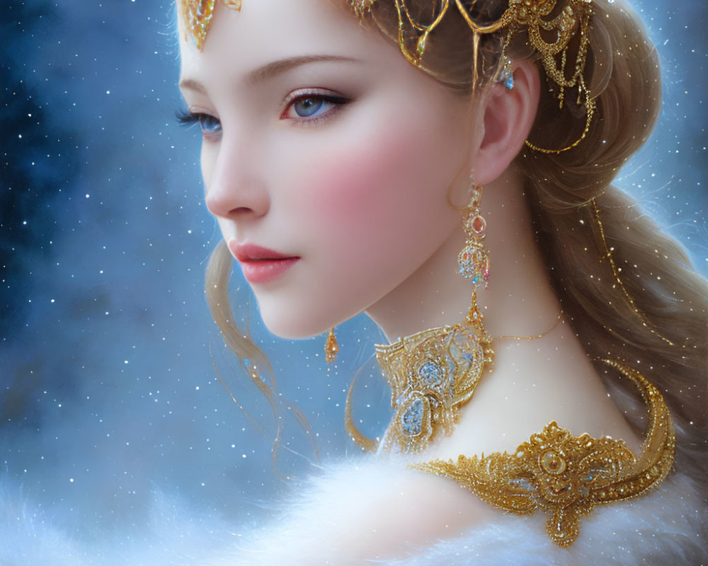 Digital artwork: Fair-skinned woman with gold jewelry in snowy setting