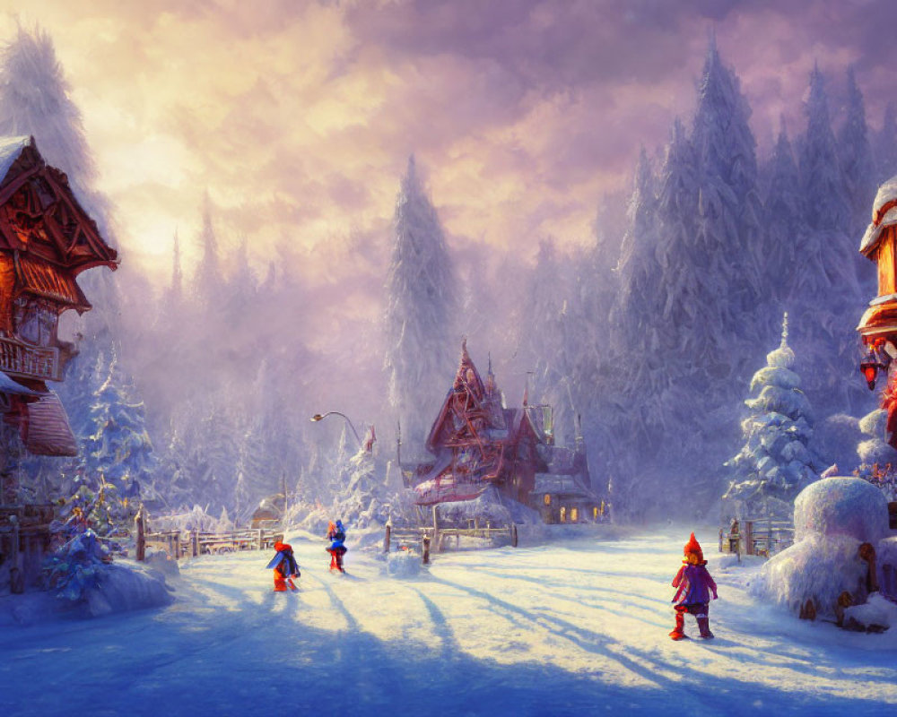 Snowy village scene at sunset with children playing and traditional houses in frosty forest