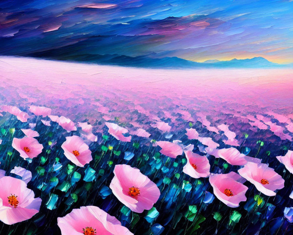 Colorful painting of pink flowers under gradient sky
