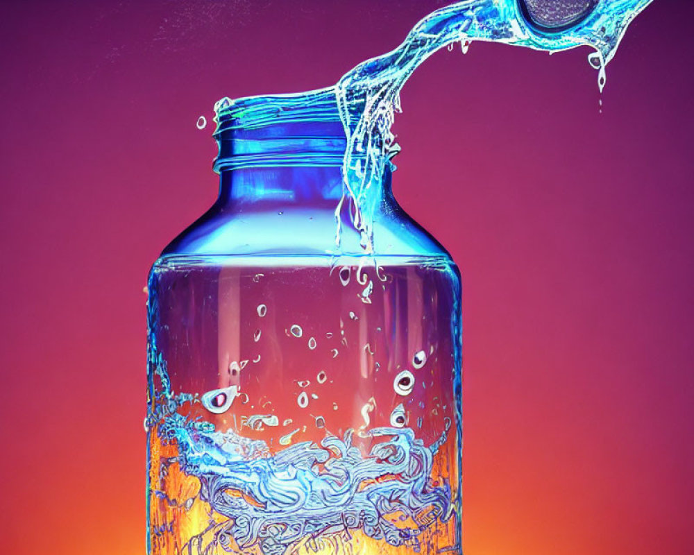 Blue glass bottle with water splashing on pink and orange gradient background