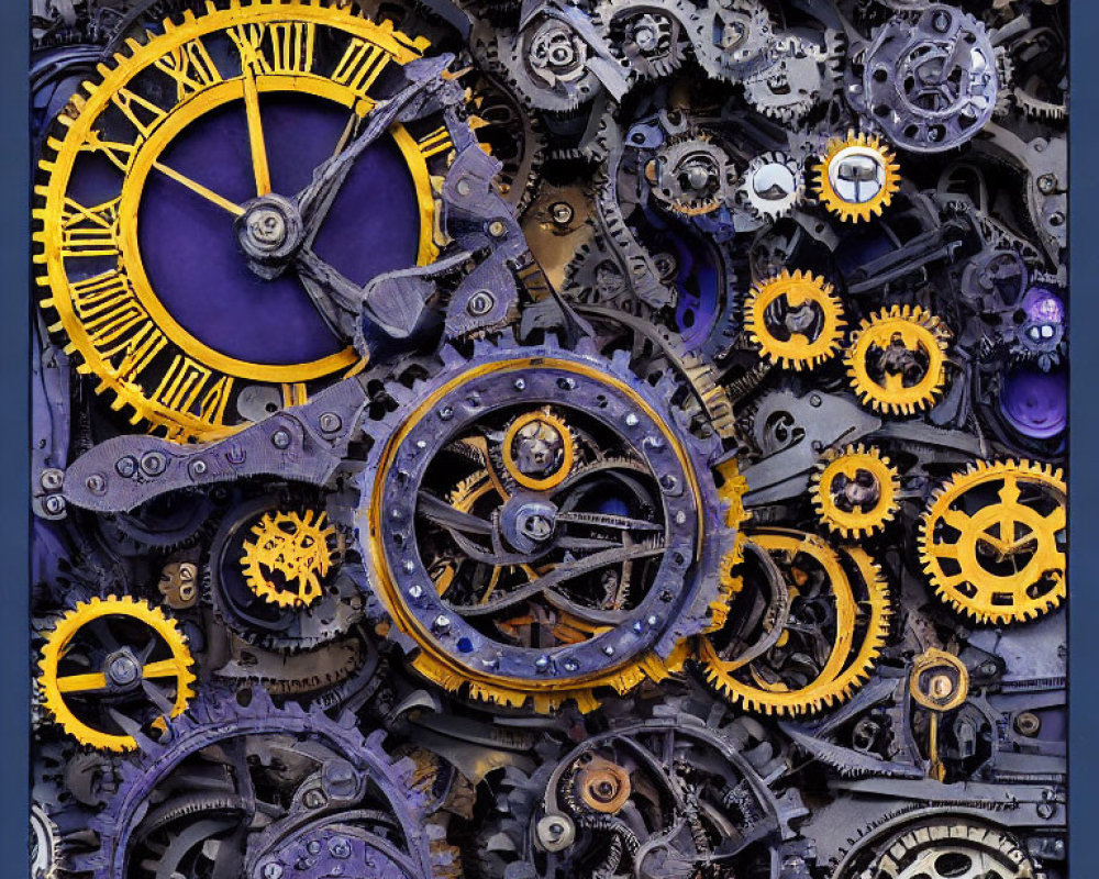 Assortment of Metallic Gears and Cogs with Yellow Accents