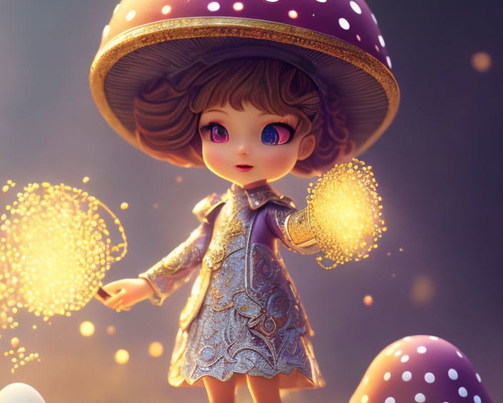 Young girl with mushroom cap hat in mystical setting with sparkling lights