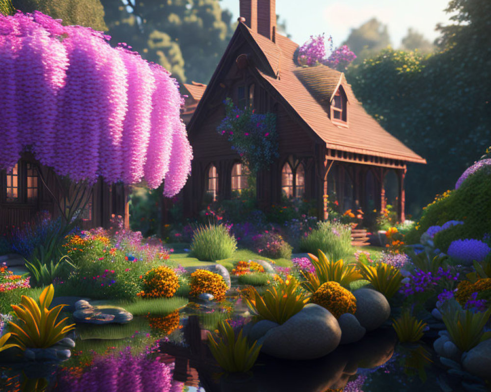 Serene wooden cottage with colorful flowers and pond