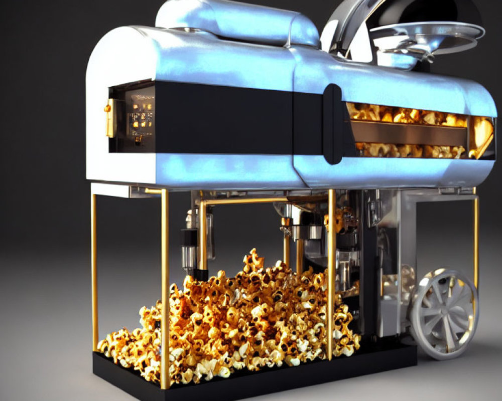 Blue Metallic Finish Popcorn Machine with Glass Enclosure on Wheels