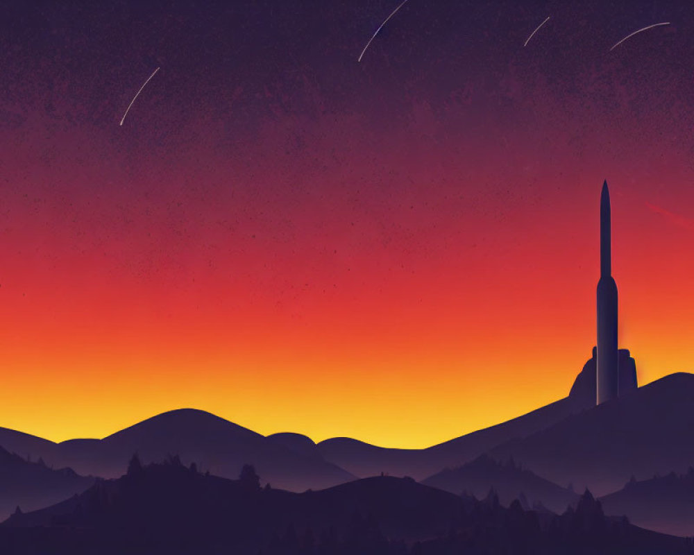 Digital illustration of rocket launch at sunrise/sunset with silhouetted mountains & starry sky.