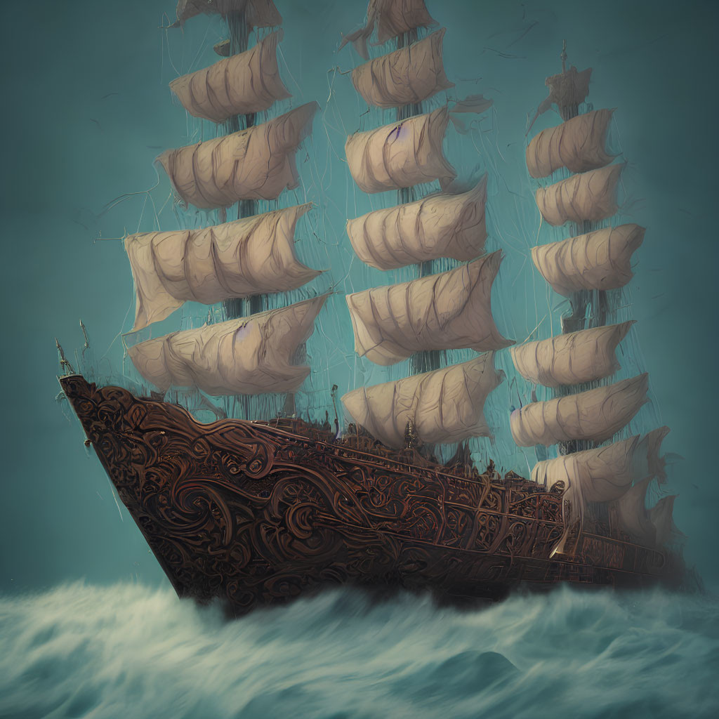 Carved wooden ship with billowing sails in turbulent seas