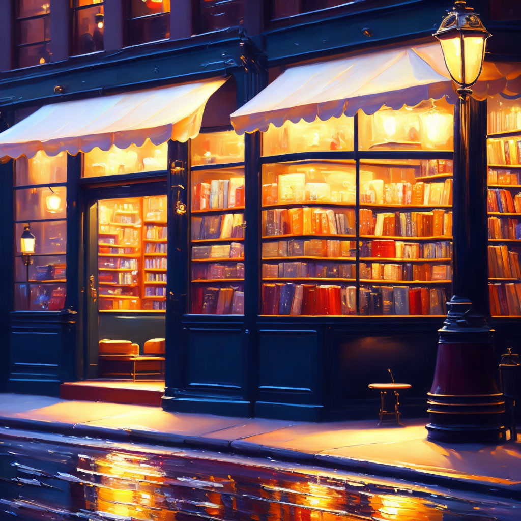 Cozy bookshop at night with streetlamp reflections