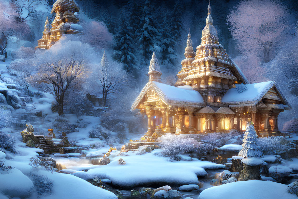 Snow-covered scene with golden temples and flowing stream at twilight