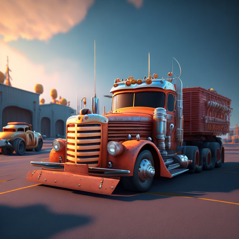 Vintage orange semi-truck with chrome accents among retro vehicles on concrete surface