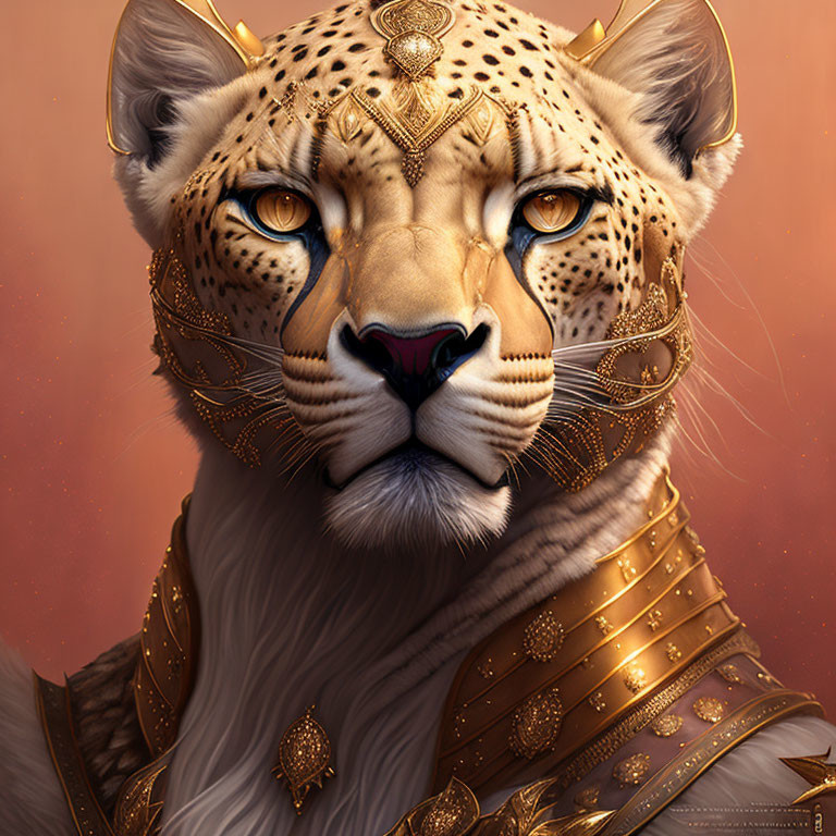 Golden-armored anthropomorphic leopard in warm setting