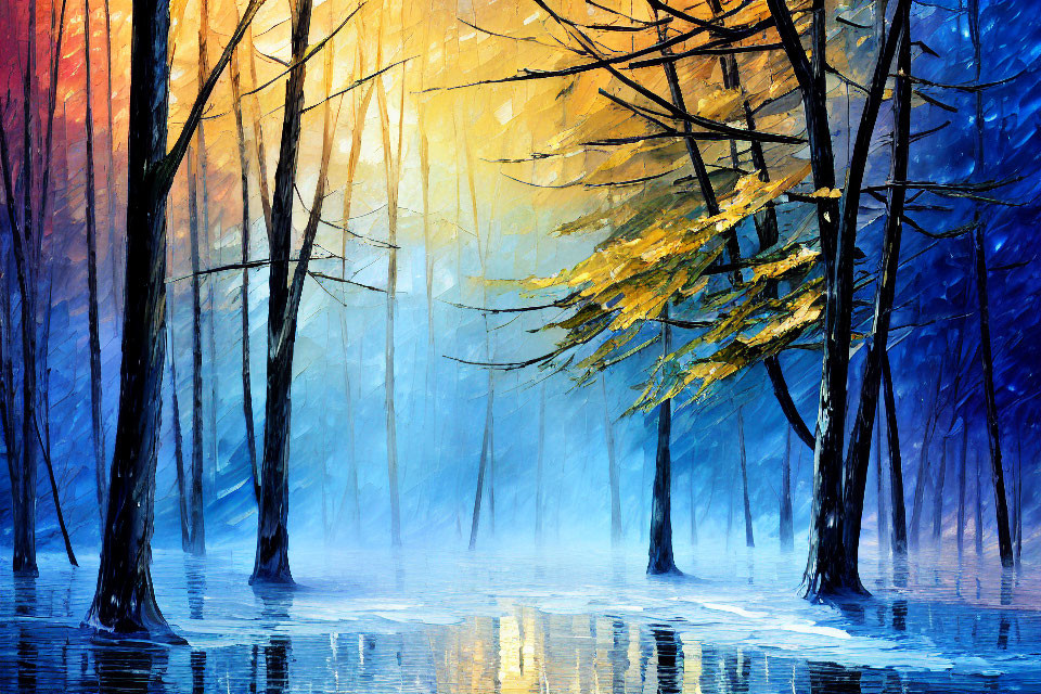 Colorful Forest with Trees Reflecting on Water in Cool Blue to Warm Golden Transition